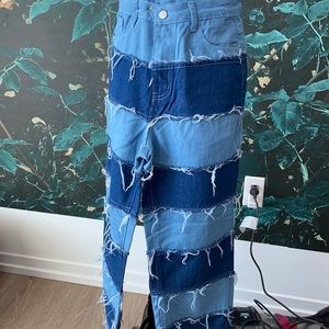 patchwork denim high wasted pants